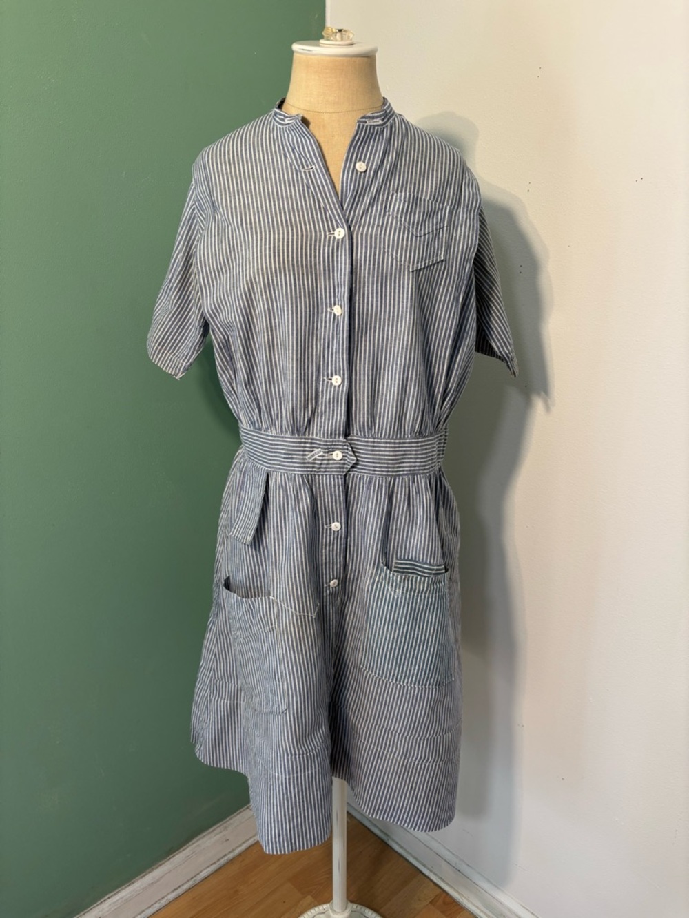 Vintage 1950’s Striped Blue Button-Front Short Sleeve Uniform Work Shirt Dress